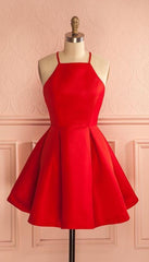 Wedding Photo Ideas, Sleeveless Red Halter Spaghetti Straps A Line Pleated Satin Short Homecoming Dresses