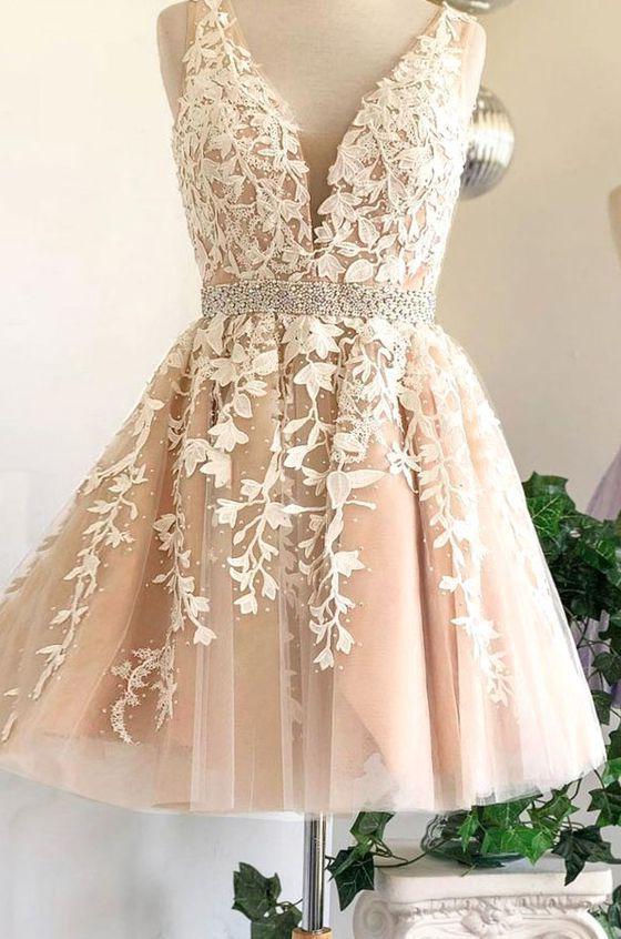 Wedding Guest Outfit, Deep V Neck Ivory Sleeveless A Line Tulle Lace Appliques Pleated Homecoming Dresses