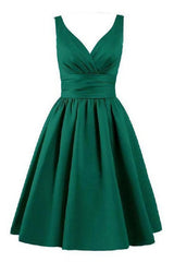 Formal Dresses Shops, Sleeveless Pleated Hunter Ruched V Neck A Line Satin Elegant Homecoming Dresses