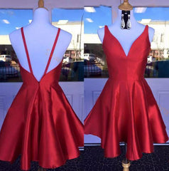 Gold Prom Dress, Deep V Neck Red Straps Backless Sleeveless A Line Satin Pleated Homecoming Dresses