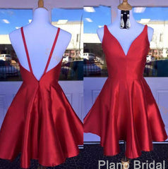 Maxi Dress, Deep V Neck Red Straps Backless Sleeveless A Line Satin Pleated Homecoming Dresses