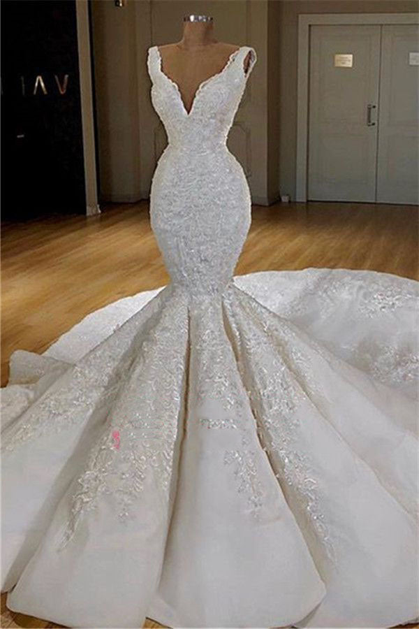 Wedding Dresses For Bridesmaids, Sexy Mermaid V Neck Long Train Satin Lace Wedding Dresses