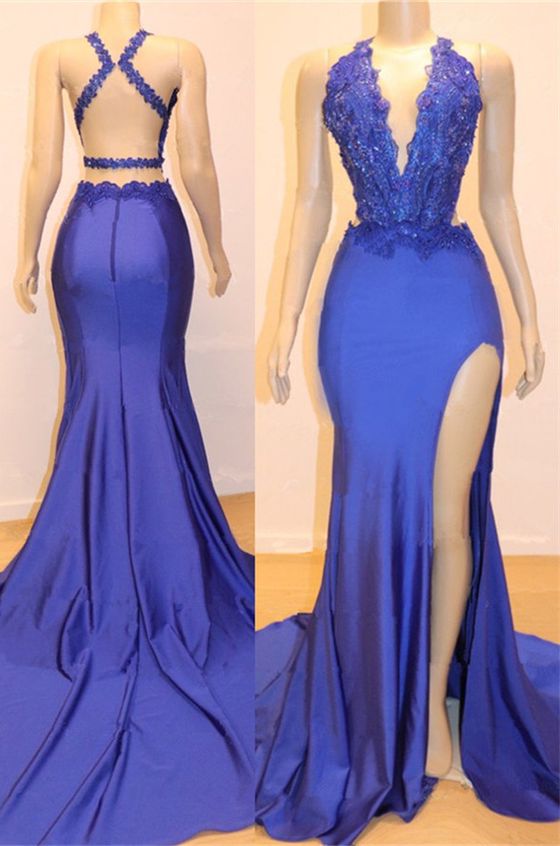 Bridal Shoes, Amazing Sheath Side Slit Royal Blue V Neck Backless Lace Prom Dresses 2024