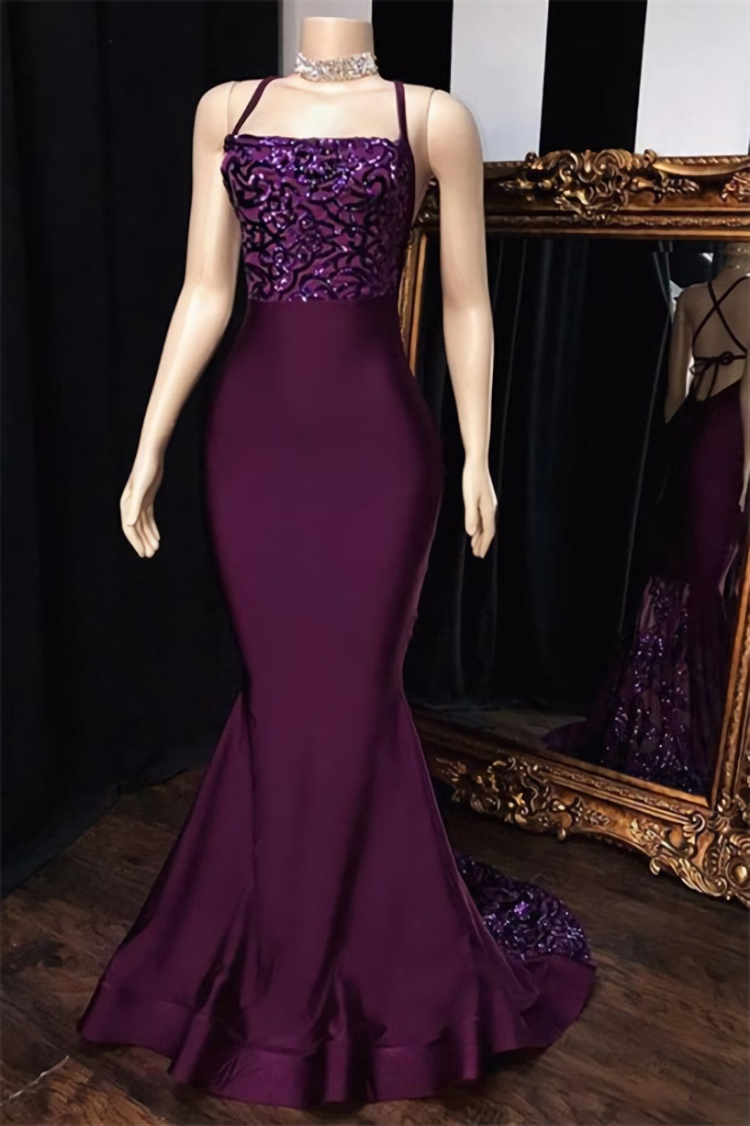 Formal Dress Gowns, Grape Mermaid Halter Satin 2024 Lace Prom Dresses