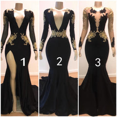 Formal Dresses Long Gowns, 2024 Black Mermaid Long Sleeves V Neck Gold Appliques Prom Dresses