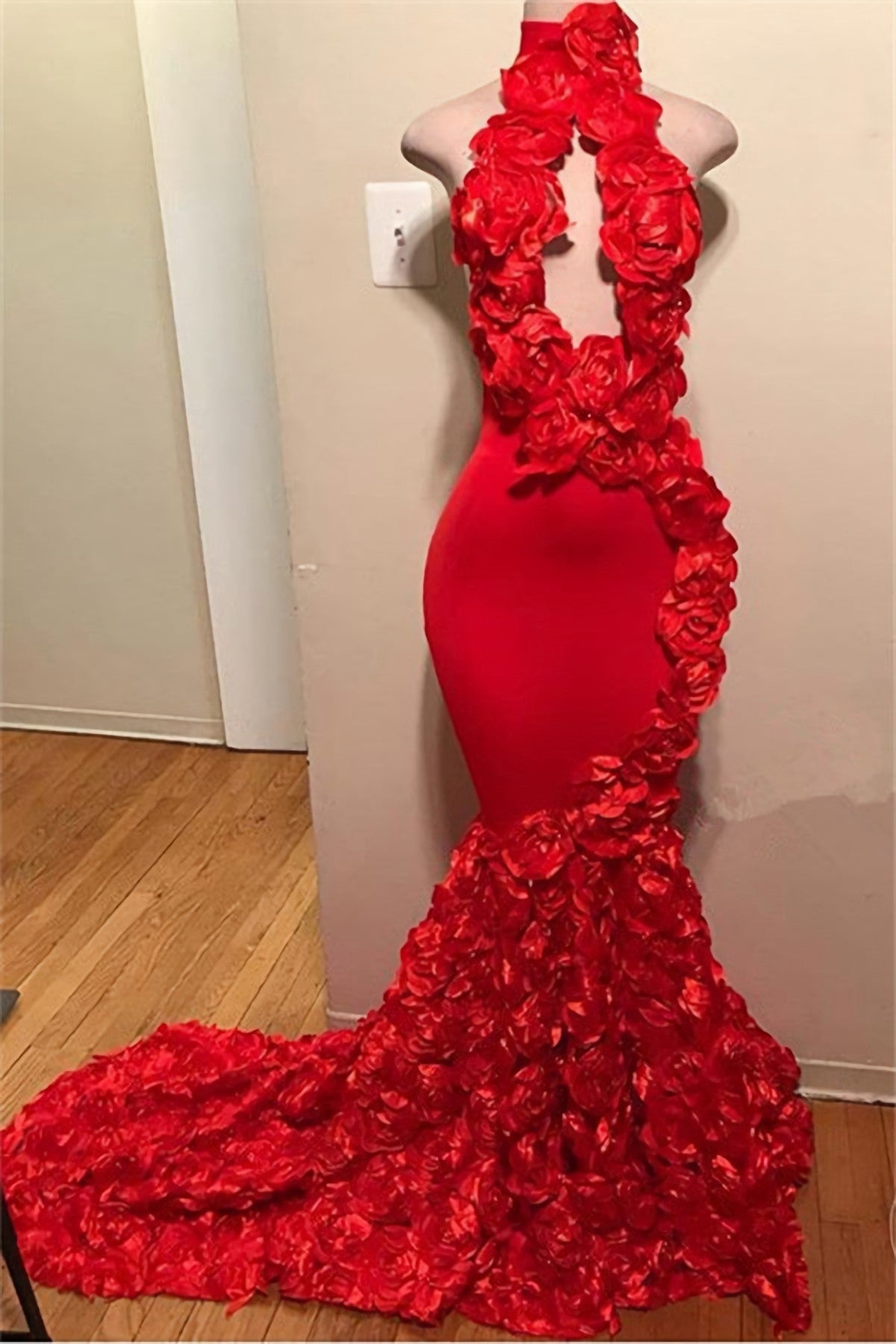 Formal Dress Long Elegant, Red Mermaid High Neck Rose Open Front Backless 2024 Prom Dresses