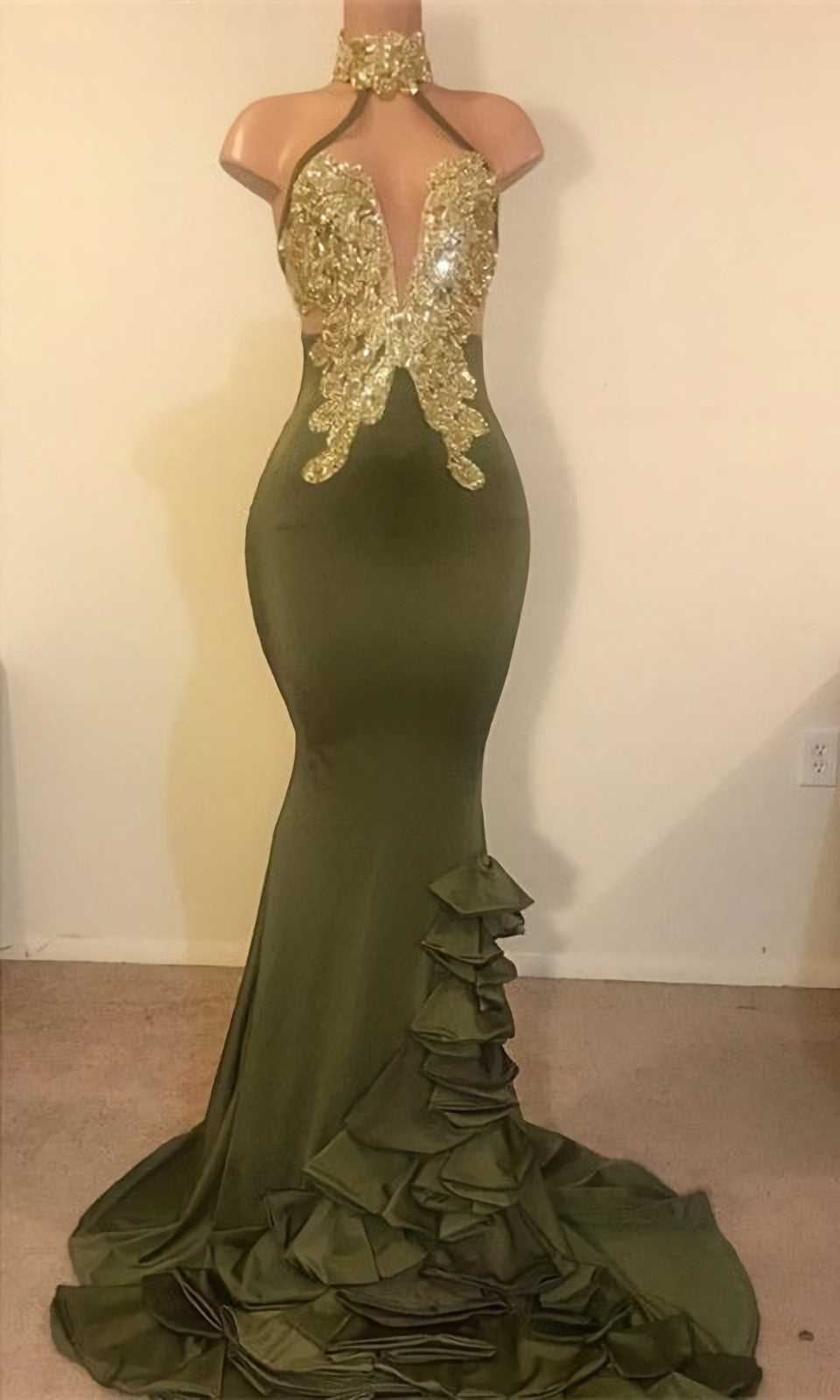 Formal Dress Store Near Me, 2024 New Arrival Mermaid High Neck Beaded Green Ruch Backless Prom Dresses