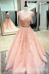 Party Dresses Store, Pink Sleeveless V Neck Tulle Lace Applique Long Prom Dresses