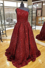 Homecoming Dress Ideas, Wine Red Sequin One-Shoulder Ball Gown