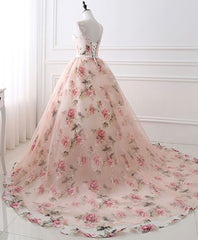 Homecoming Dress Style, Pink Round Neck Tulle Lace Long Prom Dress, Pink Long Evening Gown