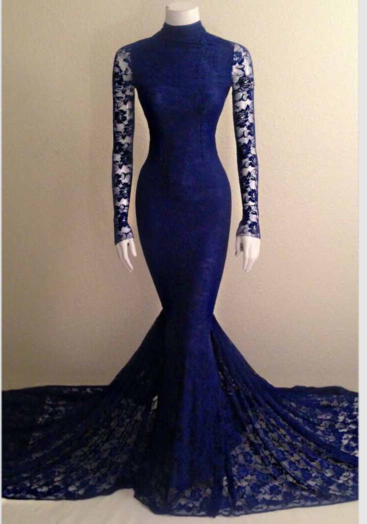 Beach Wedding Dress, 2024 Mermaid Long Sleeves Royal Blue Lace High Neck Long Prom Dress