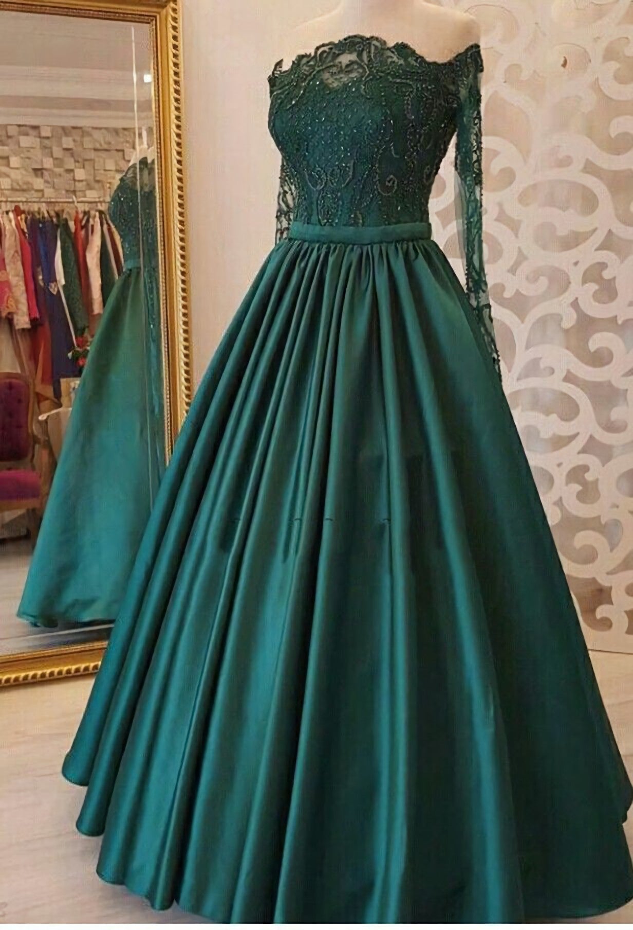 Formal Dress Shopping, 2024 A Line Dark Green Long Sleeves Off Shoulder Appliques Long Prom Dresses