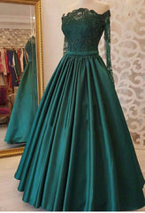 Formal Dress Shopping, 2024 A Line Dark Green Long Sleeves Off Shoulder Appliques Long Prom Dresses