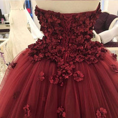 Spring Wedding, Strapless Tulle With Appliques Lace Up Back Burgundy Ball Dresses