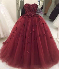 Wedding Inspo, Strapless Tulle With Appliques Lace Up Back Burgundy Ball Dresses