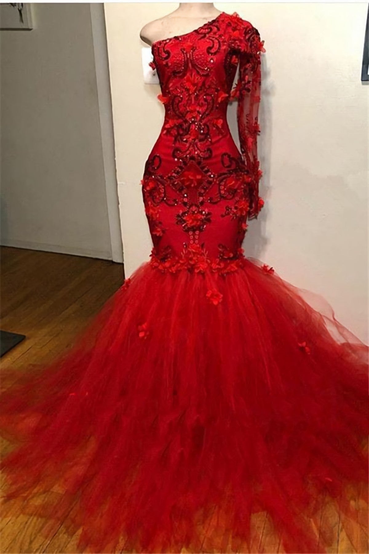Formal Dresses Nearby, Mermaid 2024 Red Long Sleeves Tulle Beaded Long Prom Dresses