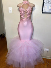 Formal Dresses For Weddings Near Me, 2024 Mermaid Tulle Halter Pink Floral Backless Long Prom Dresses