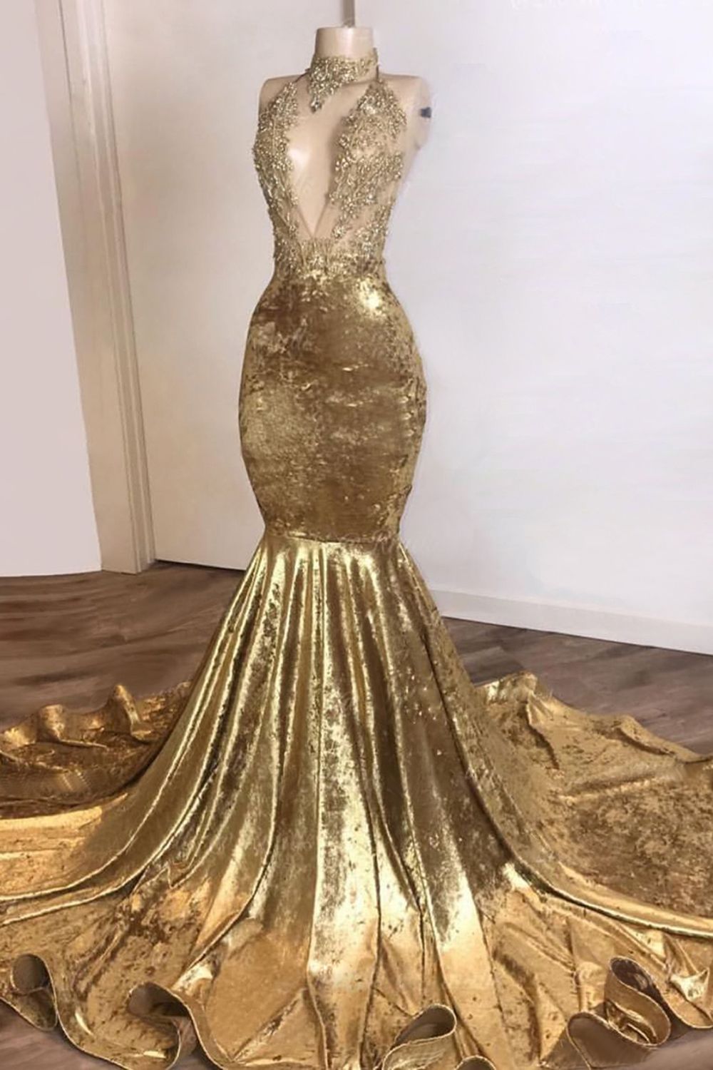 Formal Dress Long Gowns, 2024 Mermaid Gold Velvet High Neck V Neck Prom Dresses