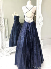 Party Dress Man, Stunning Sleeveless A Line Navy Blue Sequin Prom Dresses