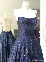 Party Dress Boots, Stunning Sleeveless A Line Navy Blue Sequin Prom Dresses