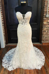 Wedding Dress Backs, White Appliques Strapless Mermaid Long Wedding Dress