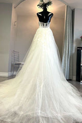 Wedding Dress Fabrics, White Tulle Floral Lace Strapless A-Line Wedding Dress