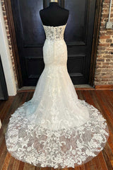 Wedding Dress Perfect For Summer, White Appliques Strapless Mermaid Long Wedding Dress