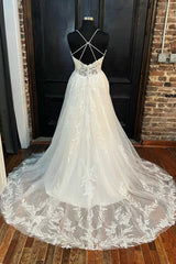 Wedsing Dress Princess, White Lace V-Neck Backless A-Line Long Wedding Dress