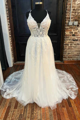 Wedding Dresses Princesses, White Lace V-Neck Backless A-Line Long Wedding Dress