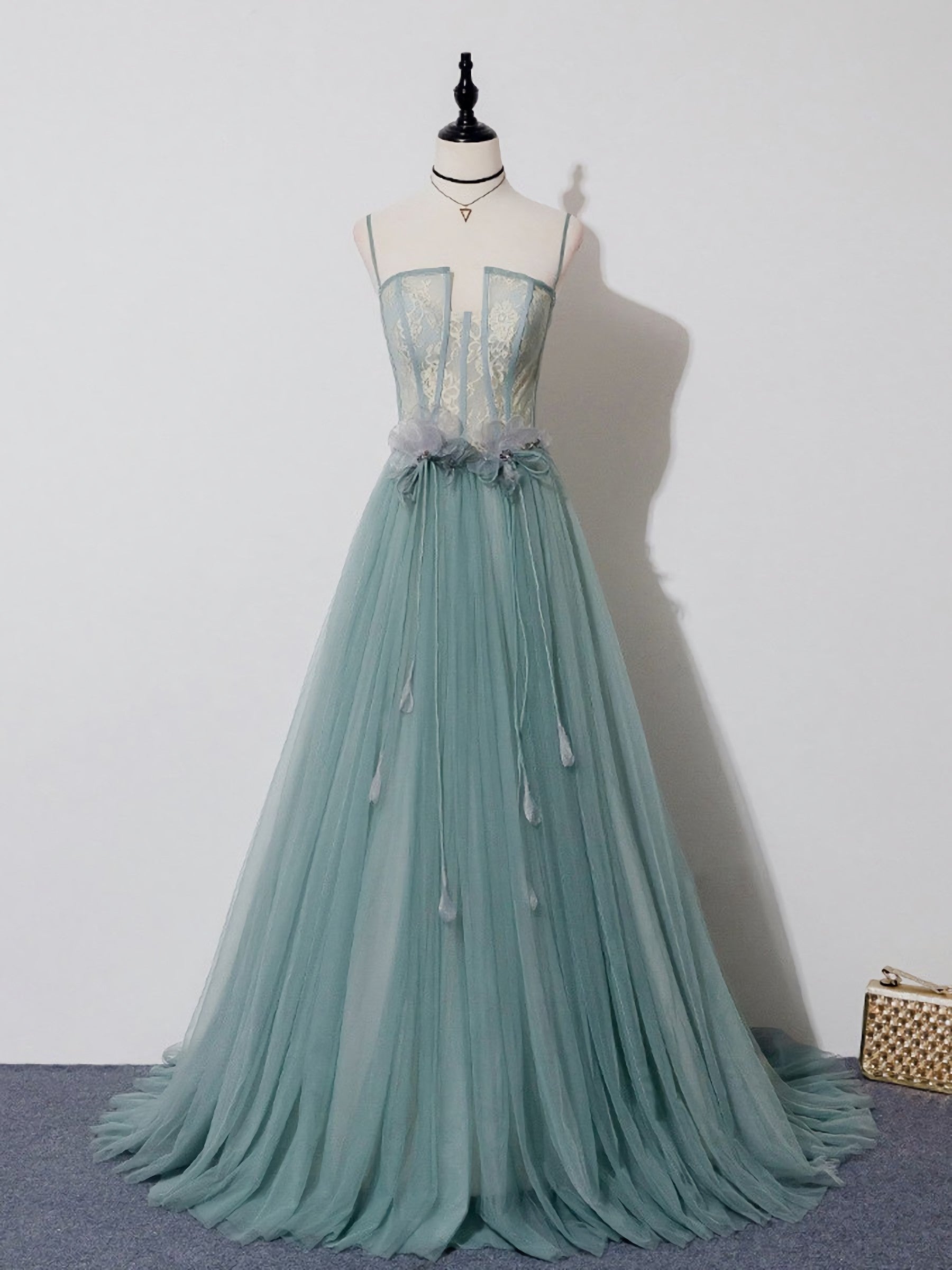 Evening Dresses And Gowns, Green A Line Tulle Lace Long Prom Dress, Green Tulle Formal Dress