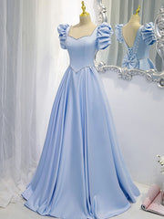 Prom Dresses Brands, Blue Satin Backless Long Prom Dress, Blue Evening Dress