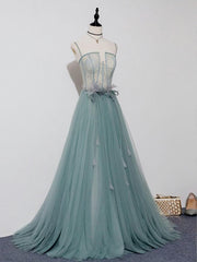 Evening Dresses Designer, Green A Line Tulle Lace Long Prom Dress, Green Tulle Formal Dress