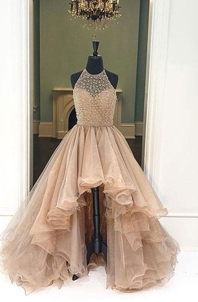 Flower Girl, 2024 Halter Beaded High Low Organza Champagne Prom Dresses