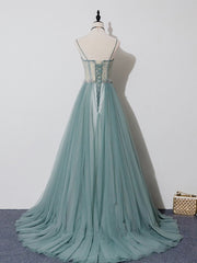 Evening Dress Designers, Green A Line Tulle Lace Long Prom Dress, Green Tulle Formal Dress