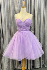 Evening Dress Gown, Lavender Faux-Wrap Strapless Sweetheart Pleated Tulle Homecoming Dress