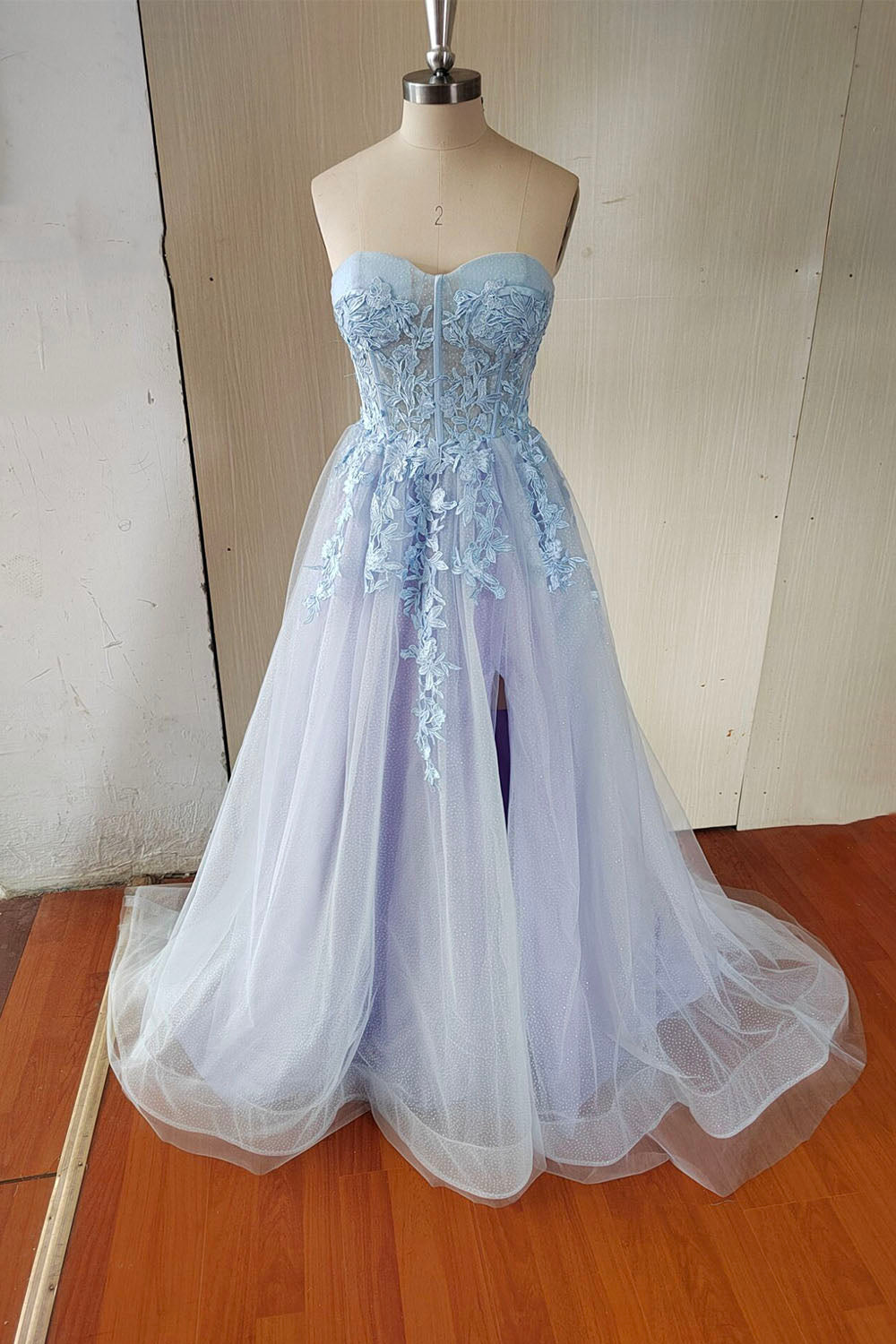 Party Dresses 2042, Blue Strapless Lace Long A-Line Prom Dress, Blue Evening Party Dress