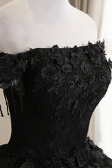 Bridesmaids Dress Styles Long, Black Tulle Lace Off the Shoulder Prom Dress, Black A-Line Evening Dress