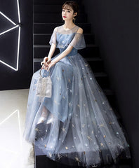 Prom Dress Shop Near Me, Blue Round Neck Tulle Long Prom Dress, Blue Tulle Evening Dress, 1