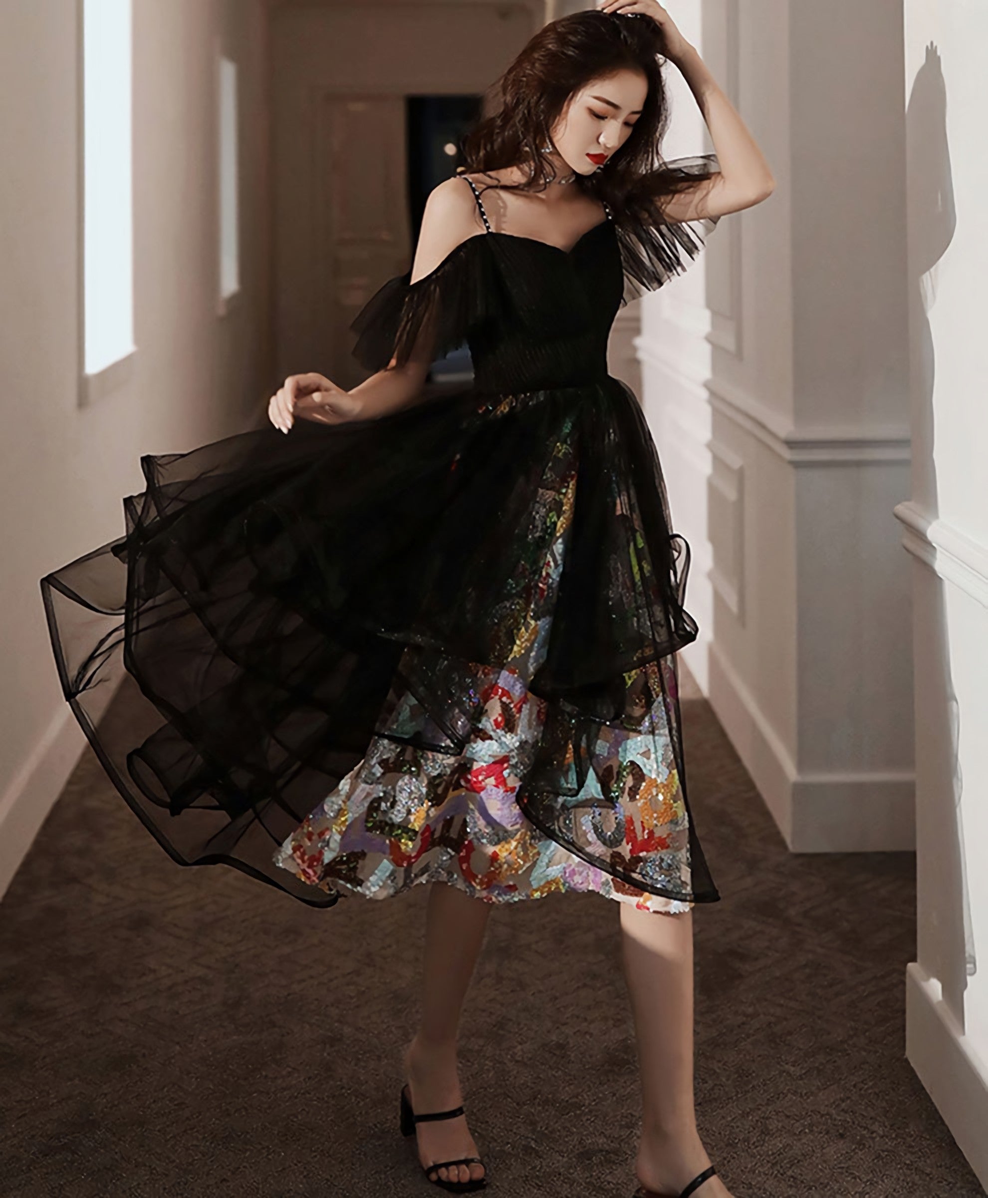 Prom Dress Long, Black Tulle Short Prom Dress, Black Homecoming Dress