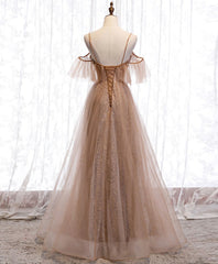 Formal Dresses Off The Shoulder, Champagne Tulle Sequin Long Prom Dress, Champagne Evening Dress