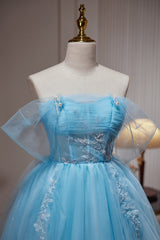 Bridesmaid Dress With Sleeves, Blue Off The Shoulder Beading Appliques Tulle Short Homecoming Dresses