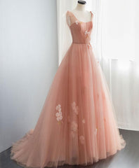 Homecoming Dresses Simple, Pink V Neck Tulle Long Prom Dress, Tulle Evening Dress