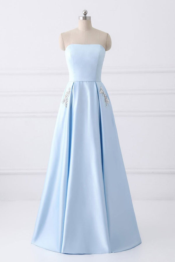 Bridesmaid Dresses Styles Long, Light Blue A Line Floor Length Strapless Sleeveless Lace Up Prom Dresses