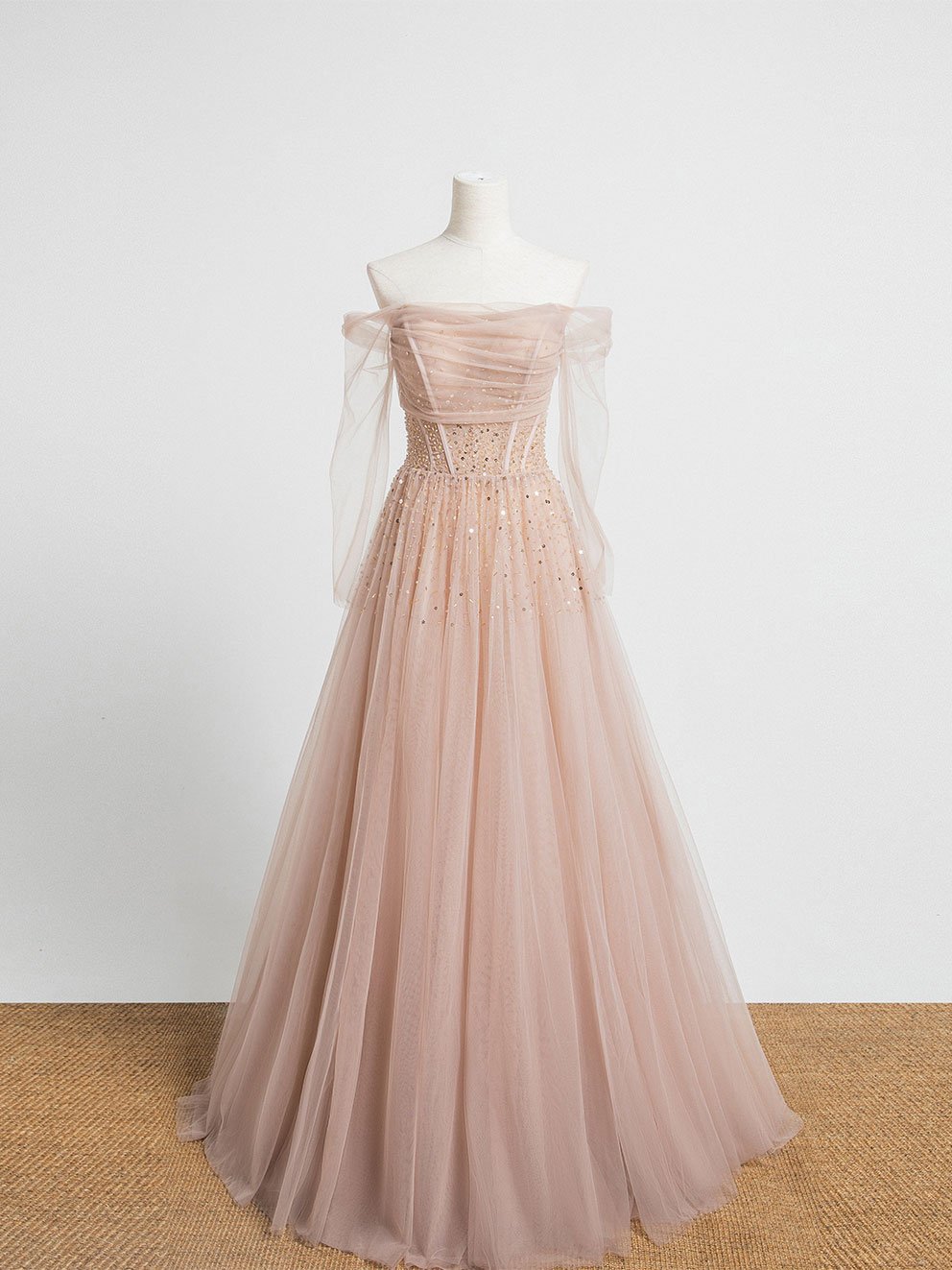 Formal Dress For Teens, Champagne Pink Tulle Beads Long Prom Dress, Champagne Evening Dress