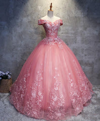 Homecomming Dresses Cute, Pink Tulle Lace Off Shoulder Long Prom Dress, Pink Tulle Evening Dress, 1