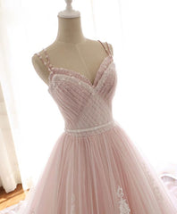 Homecoming Dresses Styles, Pink Sweetheart Lace Tulle Long Prom Dress, Lace Pink Evening Dress