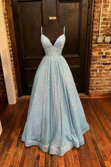 Graduation Outfit, Blue V-Neck Sequins Long Prom Dresses, A-Line Evening Dresses