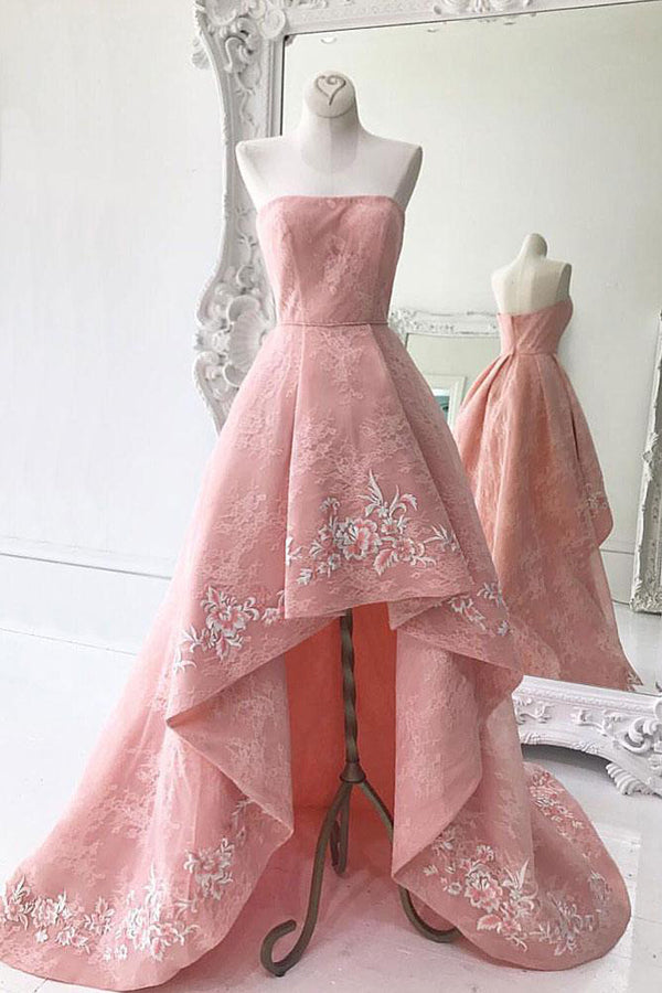 Bridesmaids Dresses Winter, Charming Modest Pink A Line High Low Strapless Zipper Back Prom Dresses