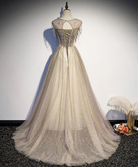 Formal Dress Classy Elegant, Champagne Round Neck Sequin Long Prom Dress, Tulle Formal Dress