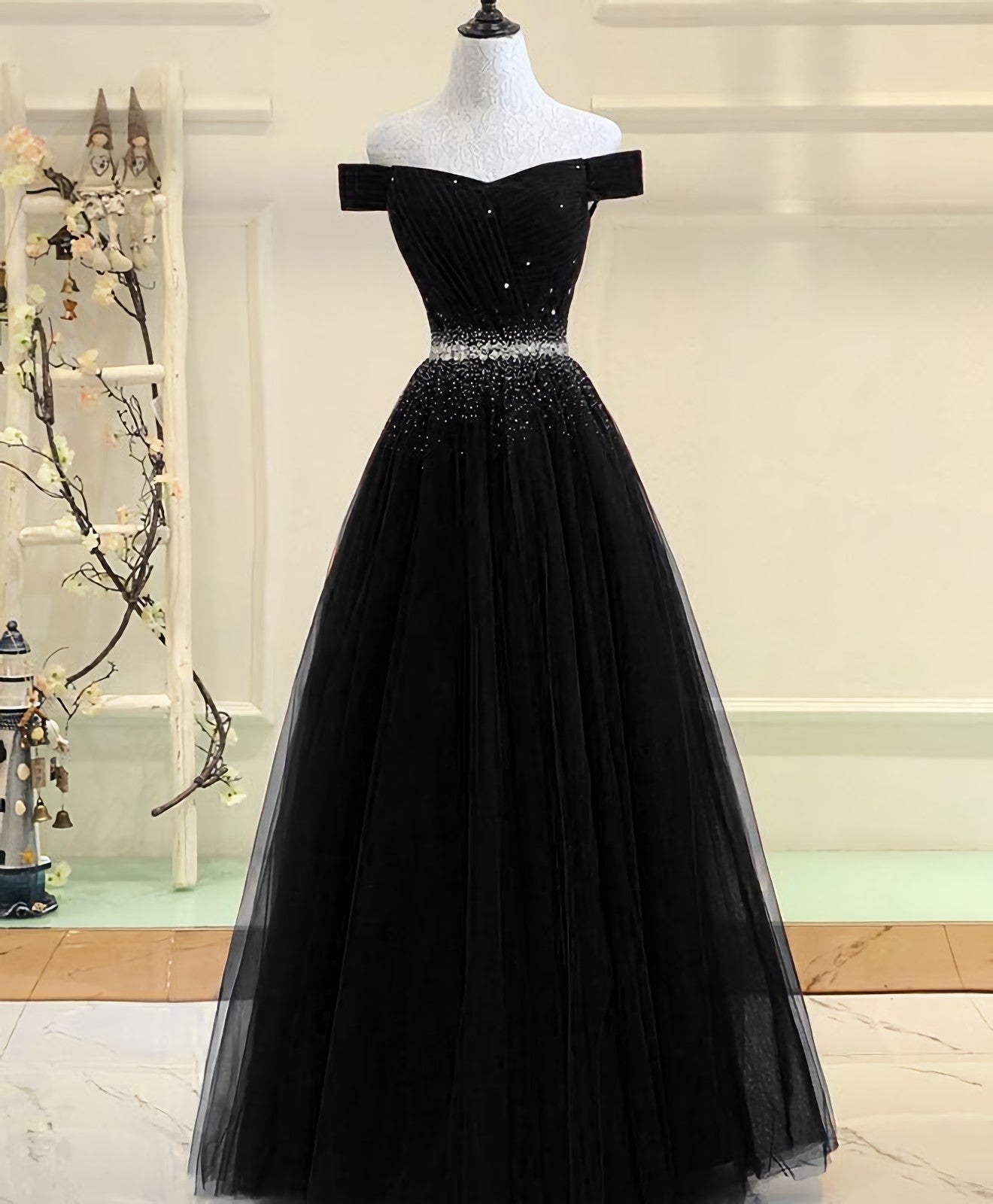 Prom Dresses Under 224, Black Tulle Sequin Long Prom Dress, Black Tulle Evening Dress